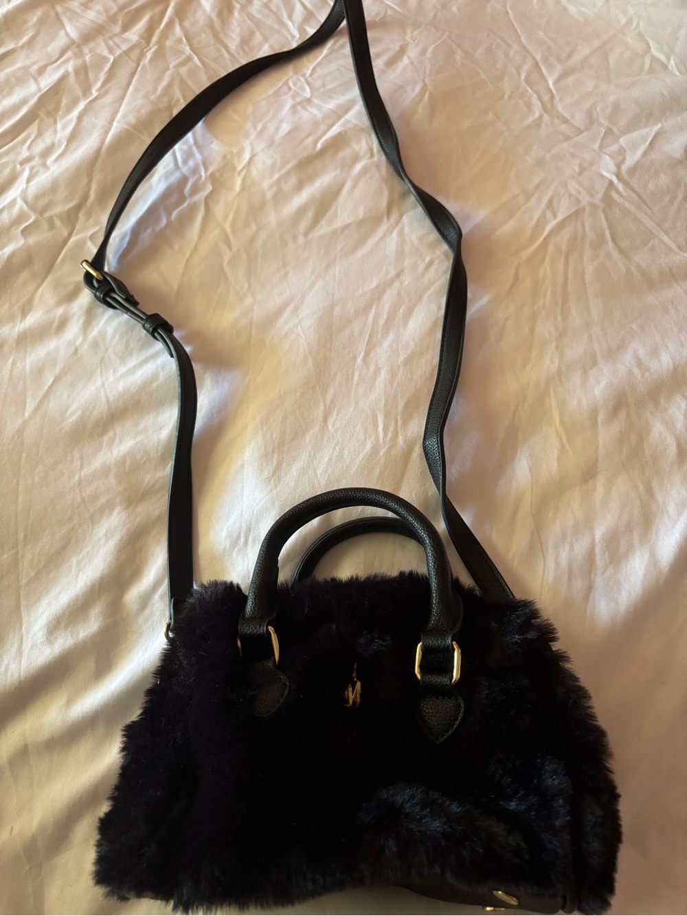 Isaac Mizrahi Black Faux-Fur Crossbody Satchel with Gold Hardware